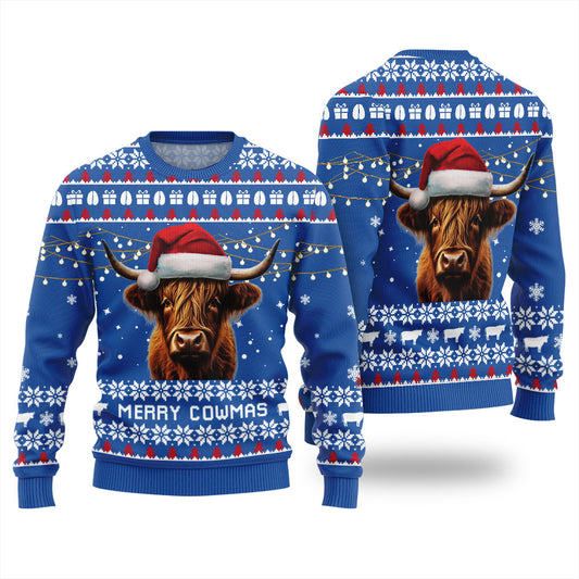 Highland Cow Ugly Christmas Sweater Royal