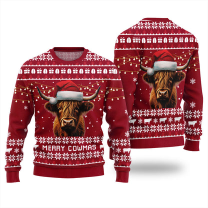 Highland Cow Unique Ugly Christmas Sweater Red