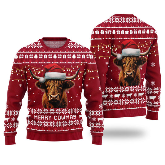 Highland Cow Unique Ugly Christmas Sweater Red
