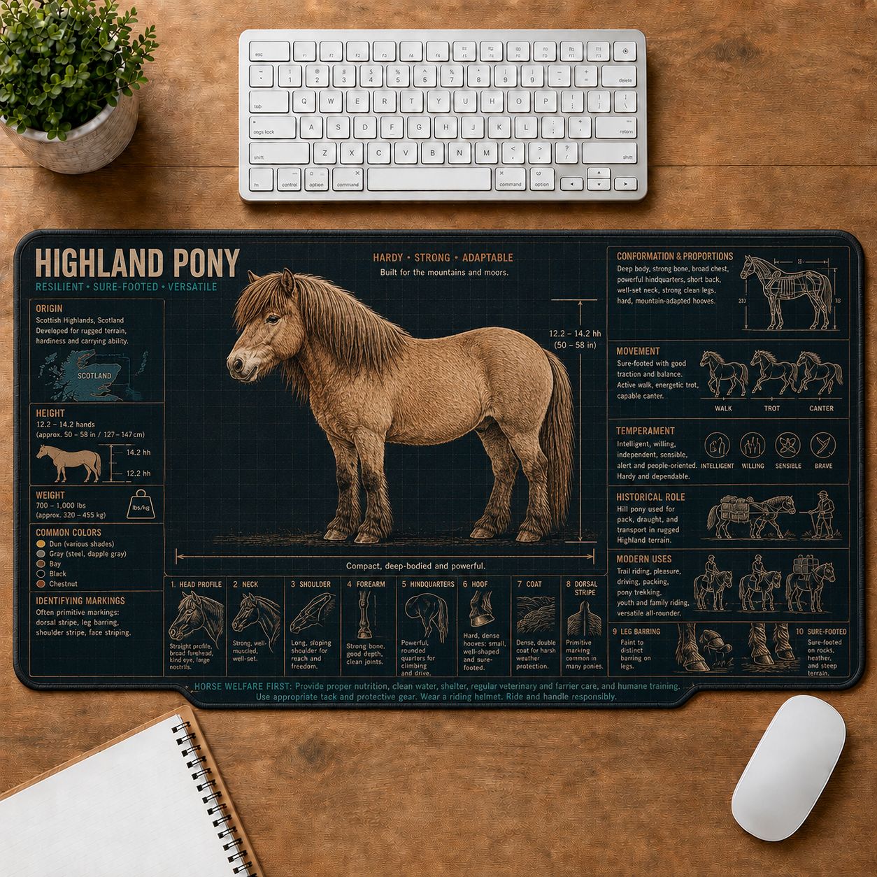 Highland Pony Horse and Equestrian Visual Guide Desk Mat | 5To9Vibe