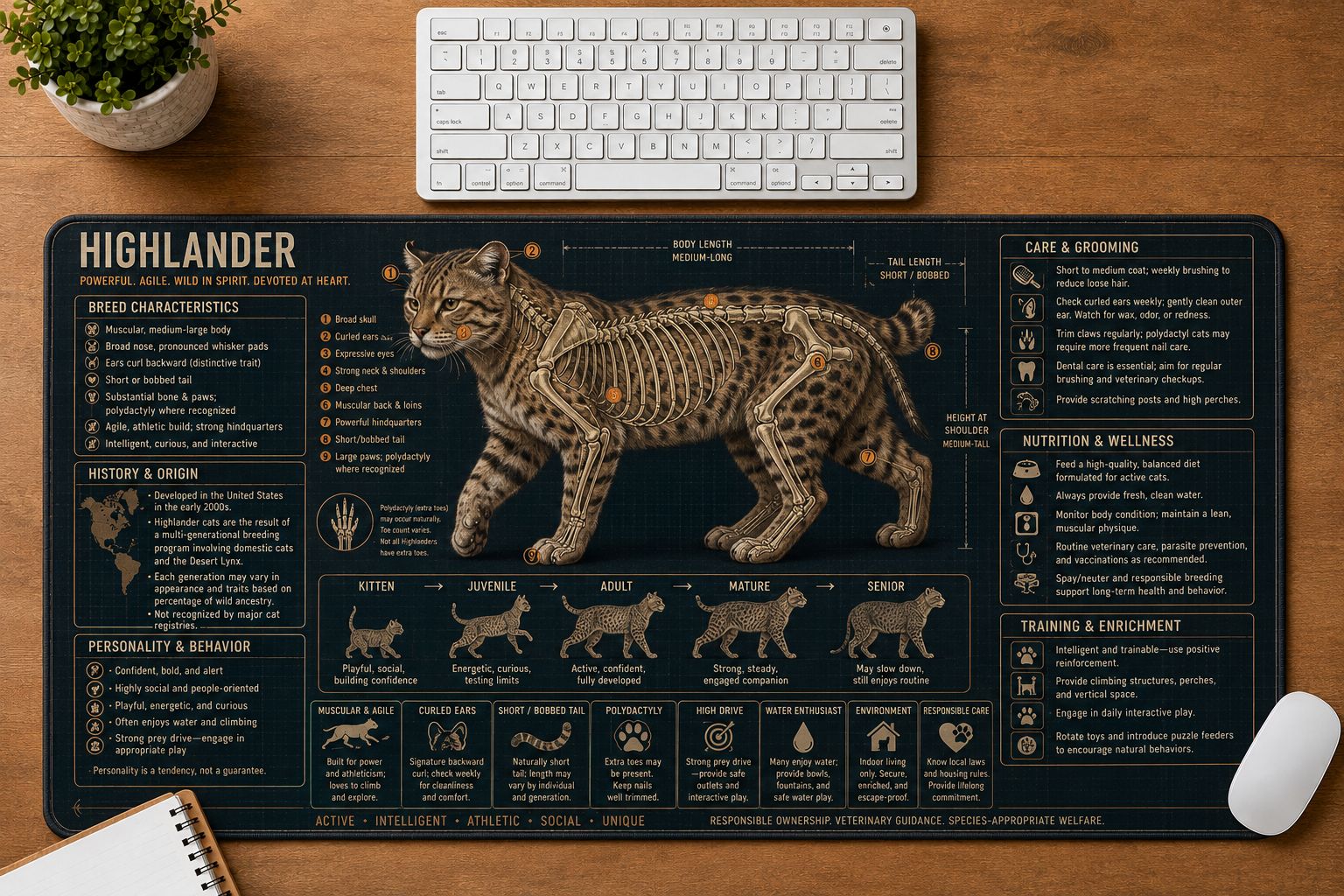 Highlander Cat Breed Desk Mat Anatomy Guide | 5To9Vibe