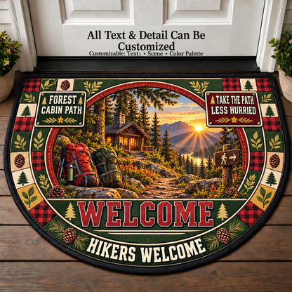 Forest Cabin Path - Hikers Welcome Personalized Half Round Mat | 5To9Vibe