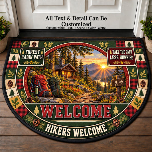 Forest Cabin Path - Hikers Welcome Personalized Half Round Mat | 5To9Vibe