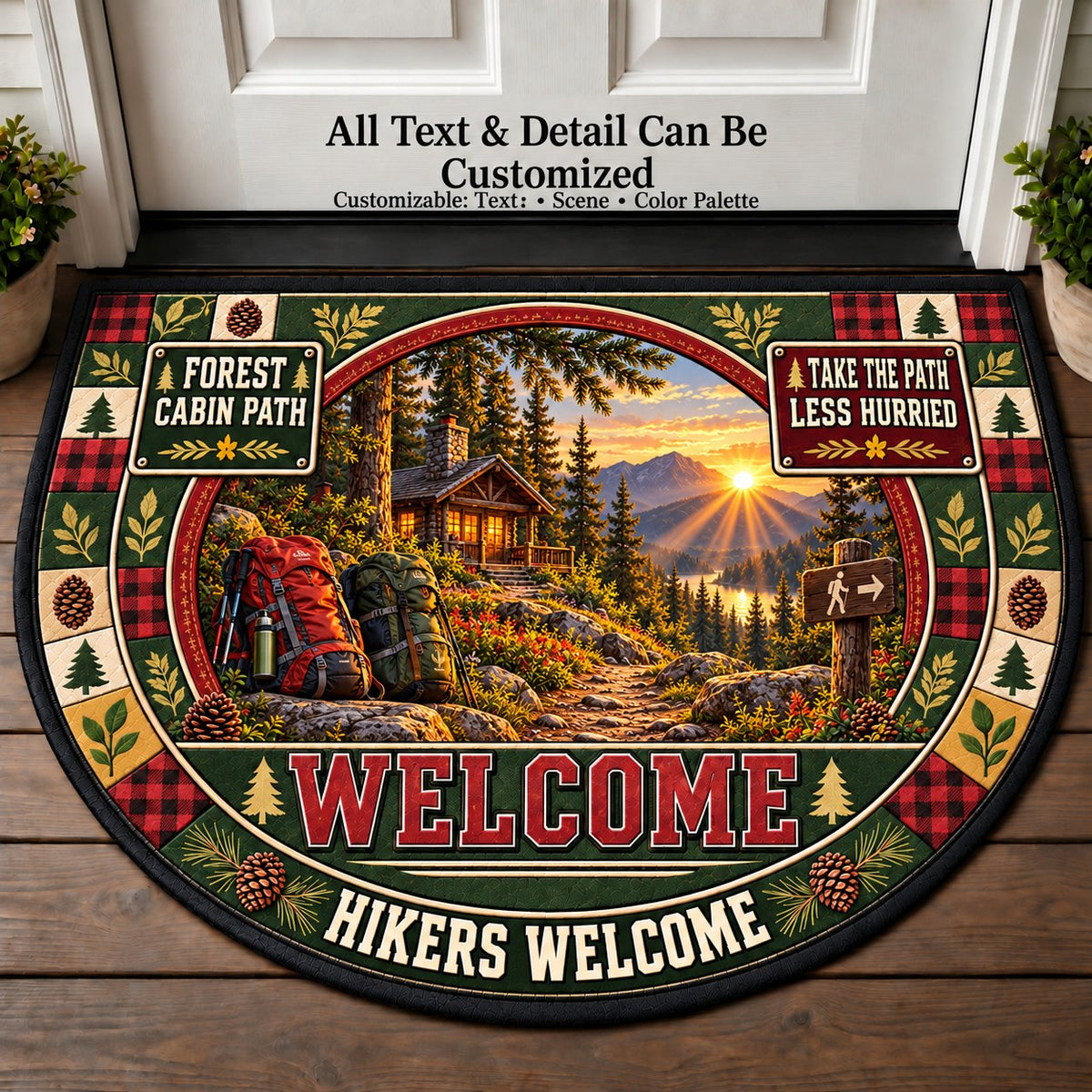 Forest Cabin Path - Hikers Welcome Personalized Half Round Mat | 5To9Vibe