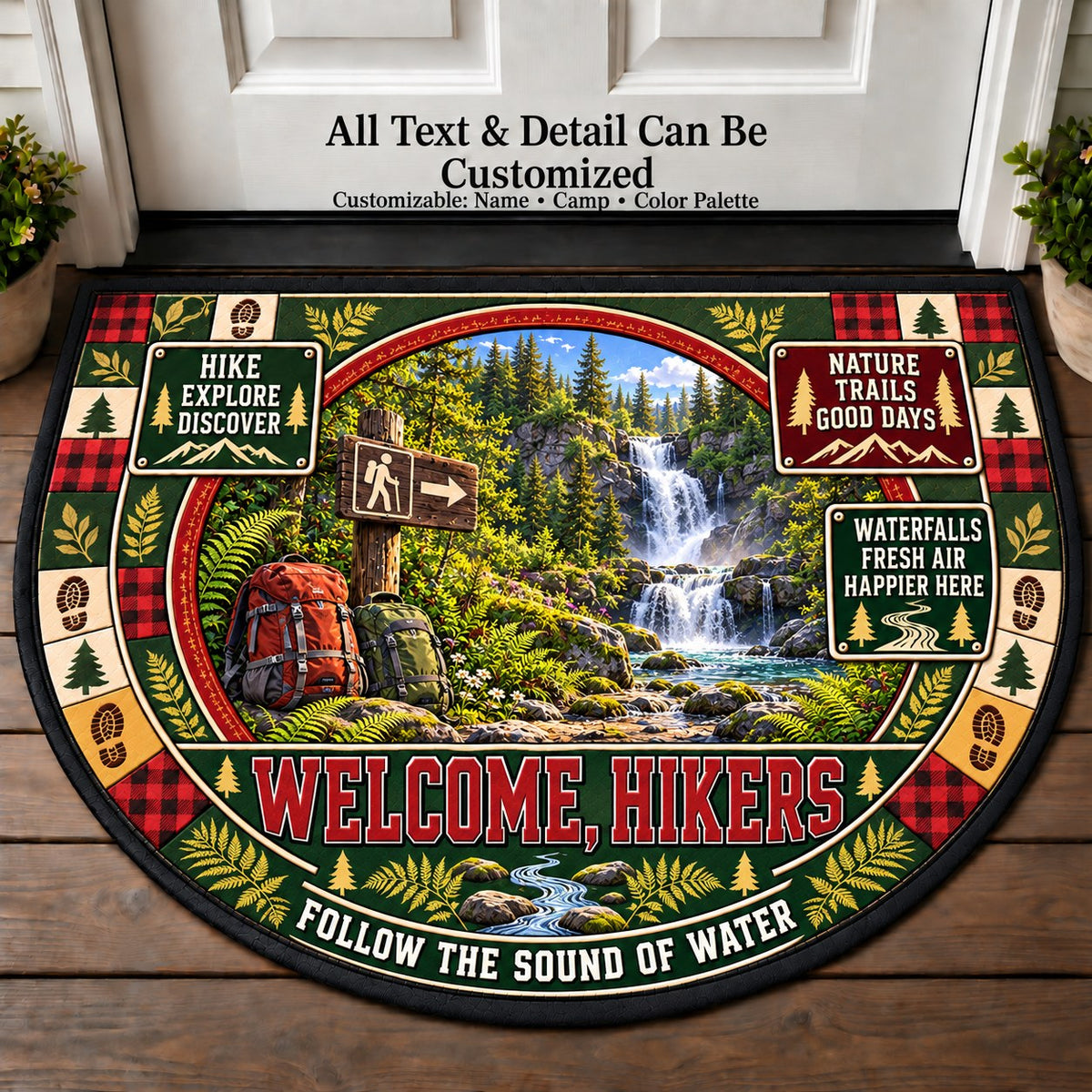 Waterfall Hike - Hikers Welcome Personalized Half Round Mat | 5To9Vibe