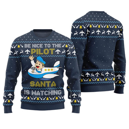 Hilarious Be Nice To Pilot Santa Ugly Sweater Navy