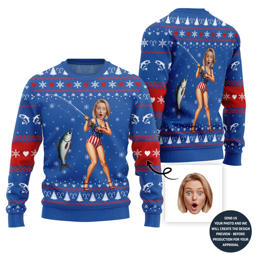 Hilarious Custom Face Fishing Girl Ugly Xmas Sweater