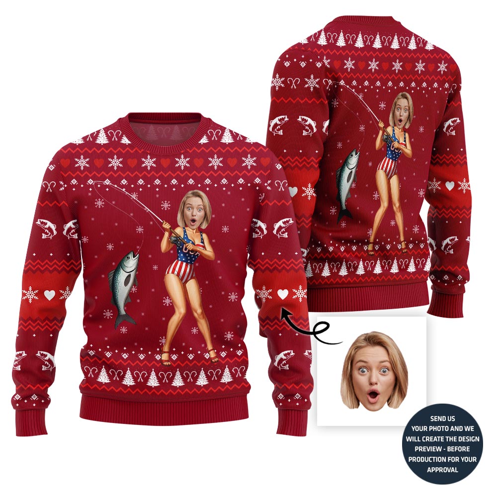 Hilarious Custom Face Fishing Girl Ugly Xmas Sweater