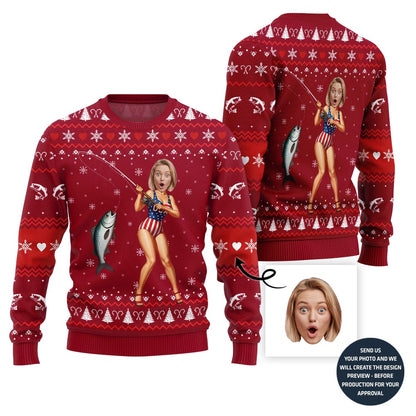 Hilarious Custom Face Fishing Girl Ugly Xmas Sweater