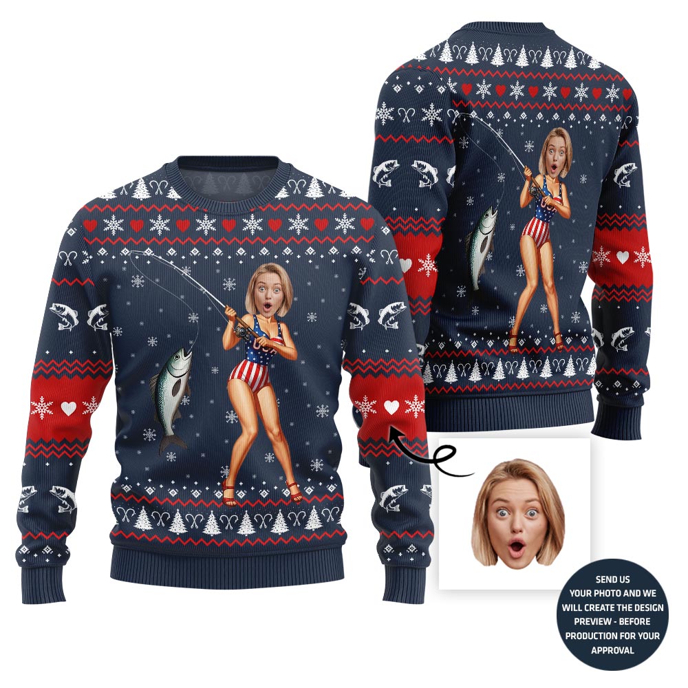 Hilarious Custom Face Fishing Girl Ugly Xmas Sweater