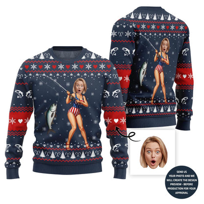 Hilarious Custom Face Fishing Girl Ugly Xmas Sweater