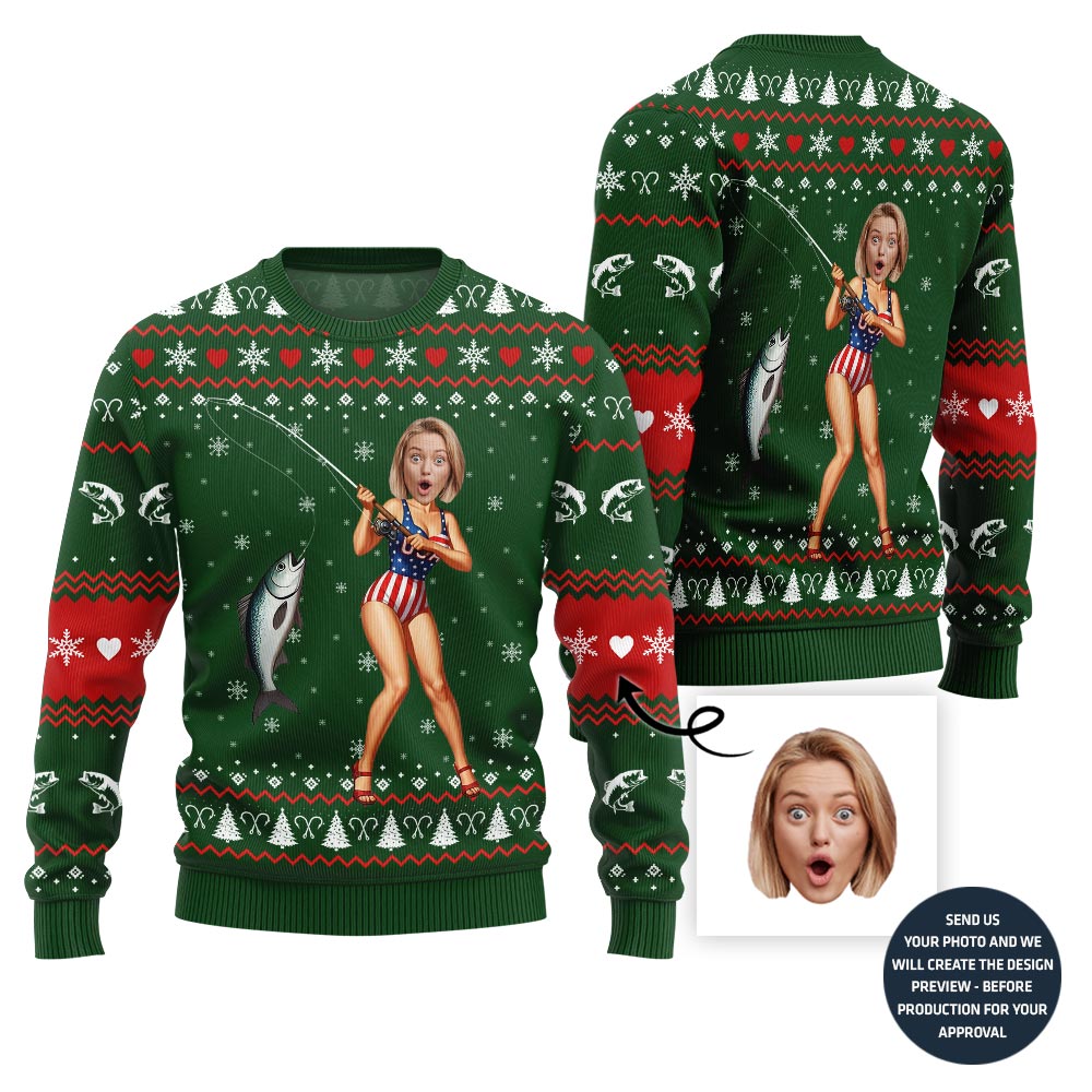 Hilarious Custom Face Fishing Girl Ugly Xmas Sweater
