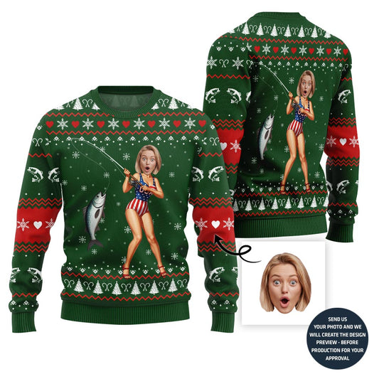 Hilarious Custom Face Fishing Girl Ugly Xmas Sweater