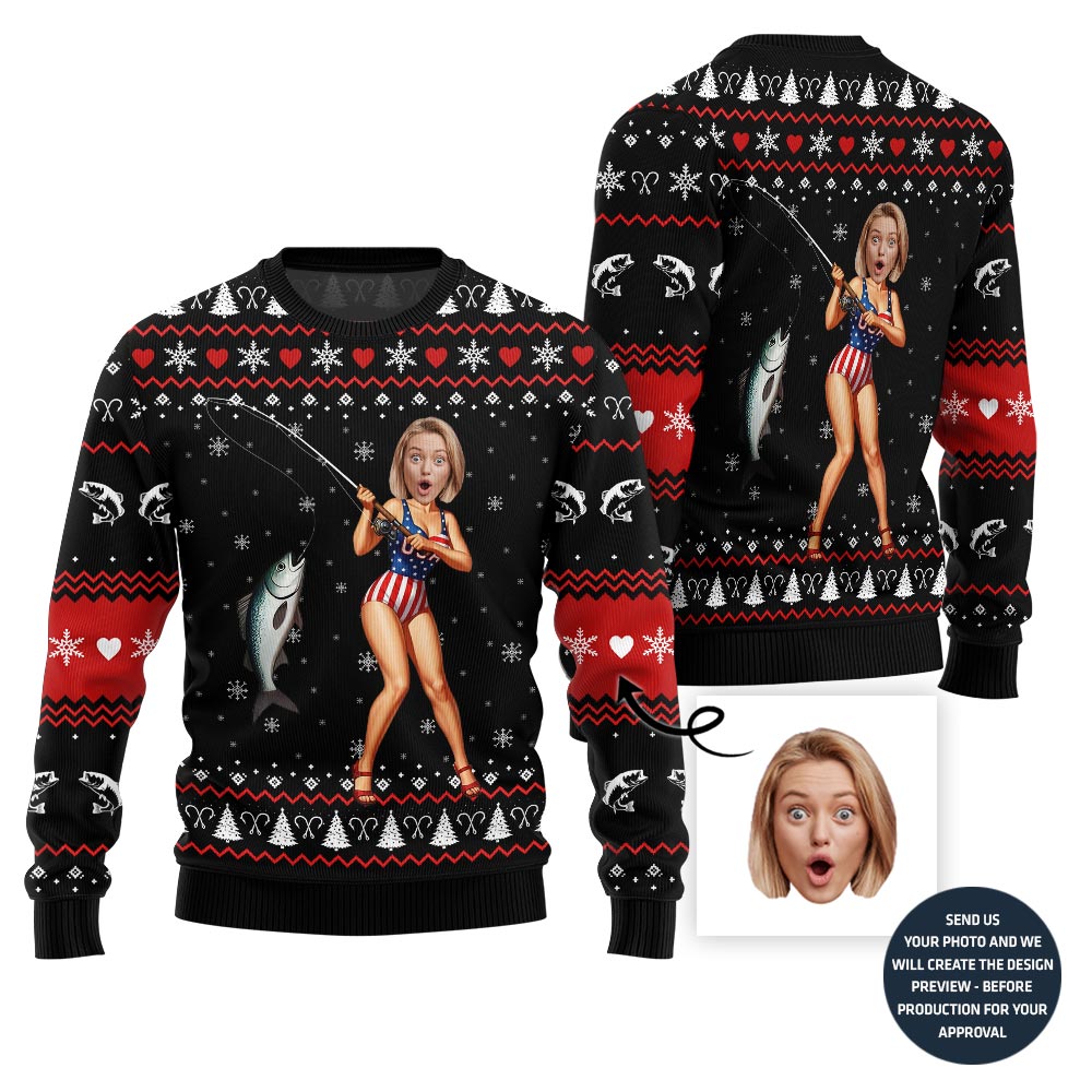 Hilarious Custom Face Fishing Girl Ugly Xmas Sweater