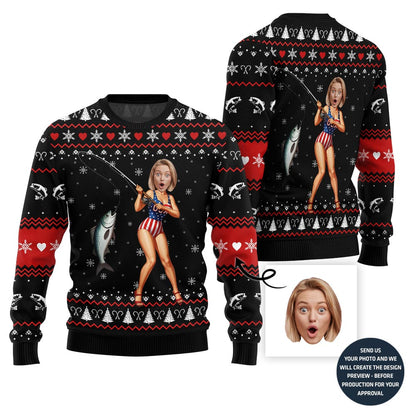 Hilarious Custom Face Fishing Girl Ugly Xmas Sweater