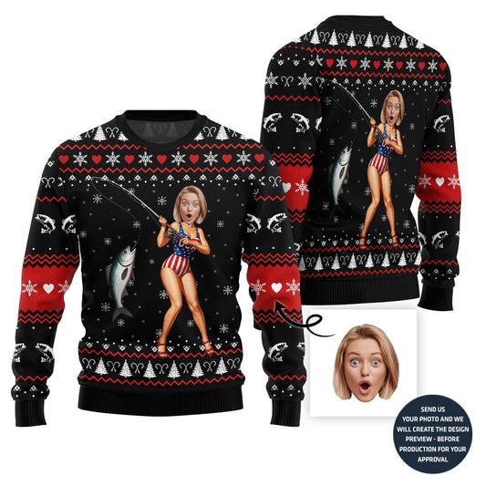 Hilarious Custom Face Fishing Girl Ugly Xmas Sweater