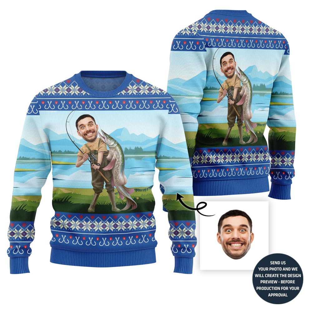 Hilarious Custom Face Fishing Ugly Xmas Sweater For Men