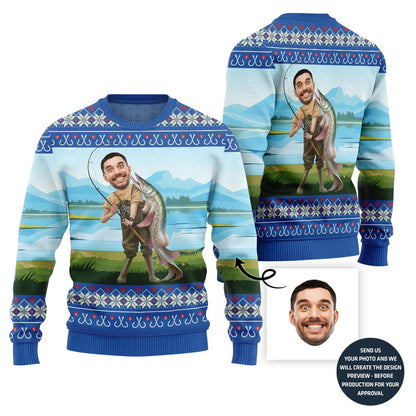Hilarious Custom Face Fishing Ugly Xmas Sweater For Men