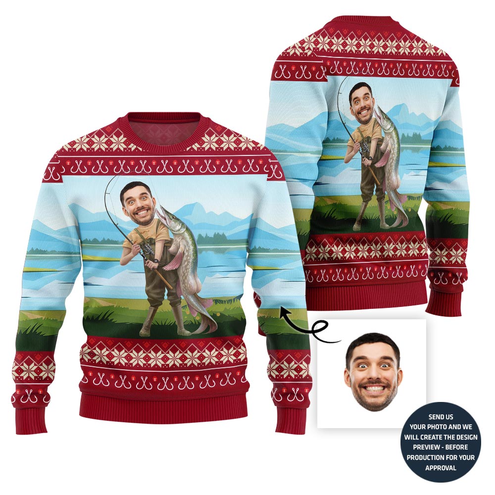 Hilarious Custom Face Fishing Ugly Xmas Sweater For Men