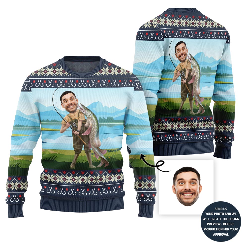 Hilarious Custom Face Fishing Ugly Xmas Sweater For Men