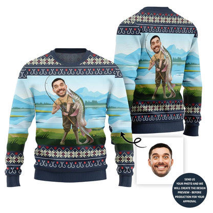 Hilarious Custom Face Fishing Ugly Xmas Sweater For Men