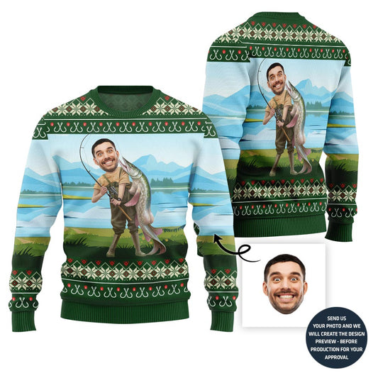 Hilarious Custom Face Fishing Ugly Xmas Sweater For Men
