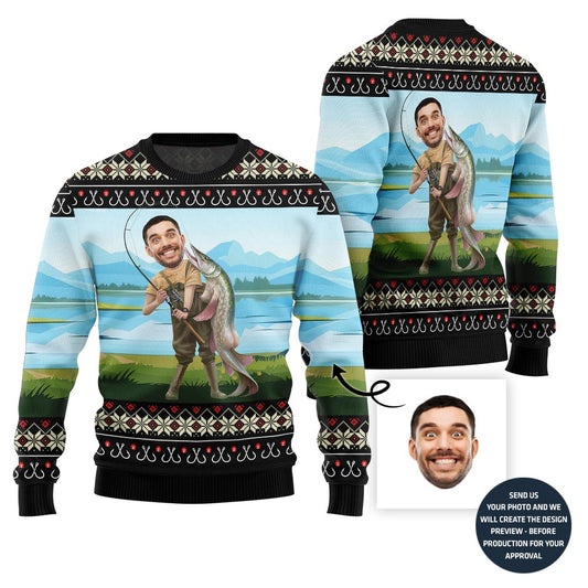 Hilarious Custom Face Fishing Ugly Xmas Sweater For Men