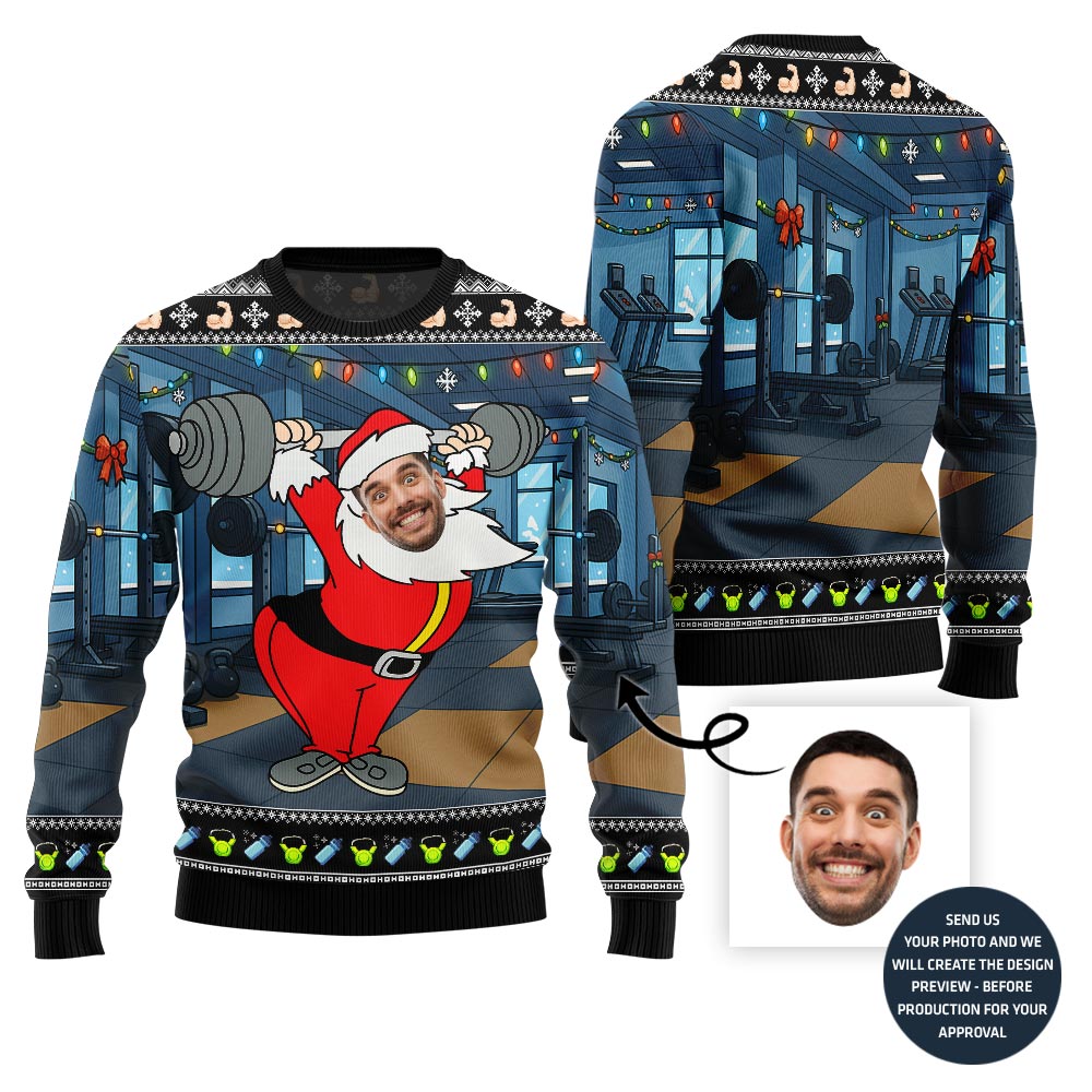Hilarious Lifting Santa Ugly Sweater - Funny Ugly Christmas Sweater