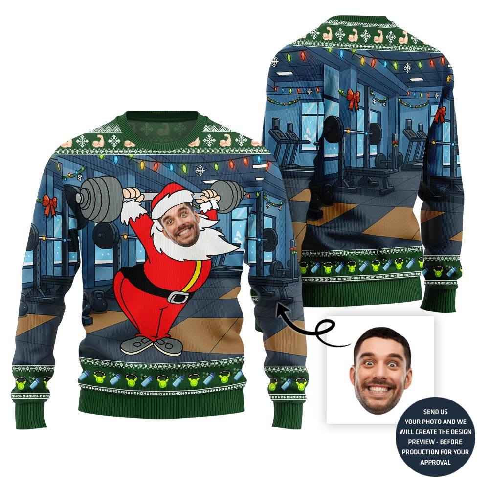 Hilarious Lifting Santa Ugly Sweater - Funny Ugly Christmas Sweater