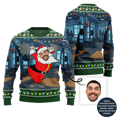 Hilarious Lifting Santa Ugly Sweater - Funny Ugly Christmas Sweater