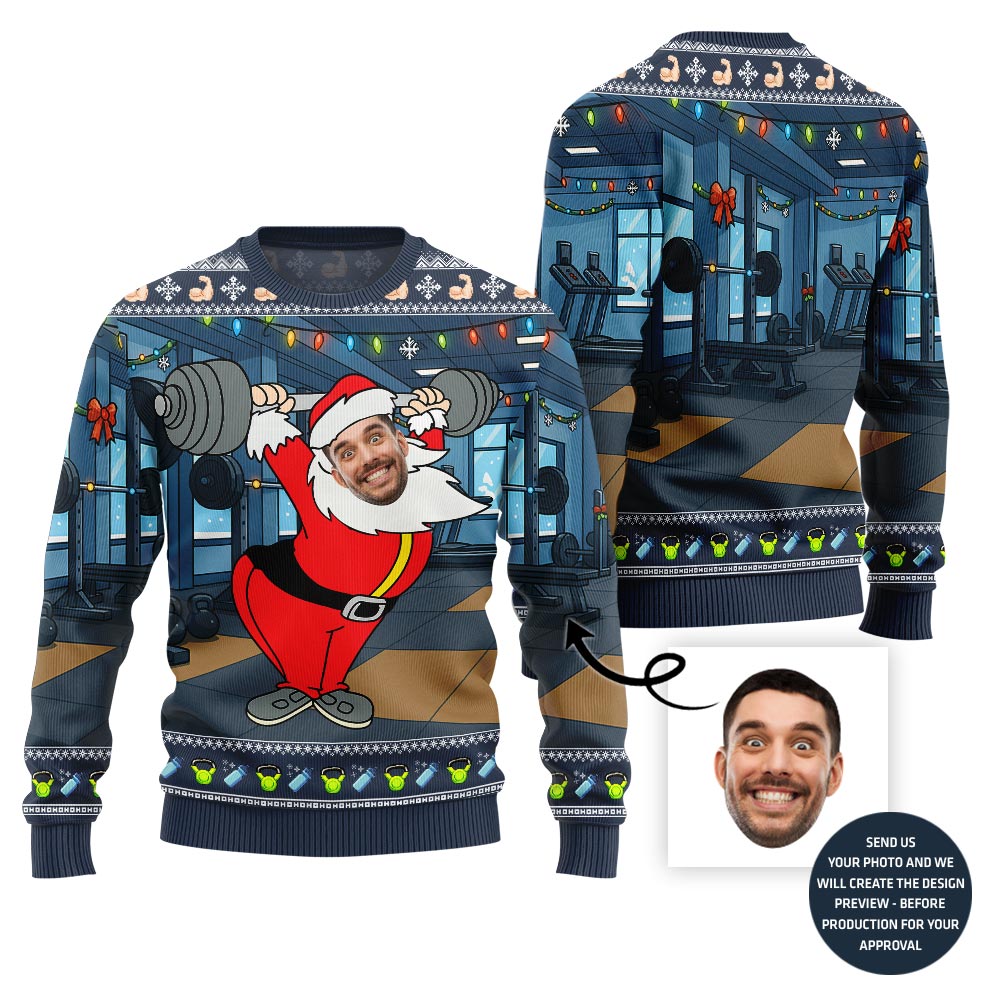 Hilarious Lifting Santa Ugly Sweater - Funny Ugly Christmas Sweater