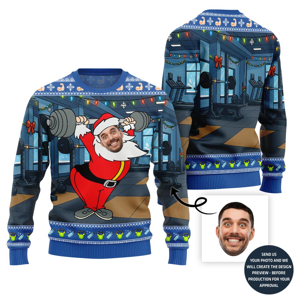 Hilarious Lifting Santa Ugly Sweater - Funny Ugly Christmas Sweater