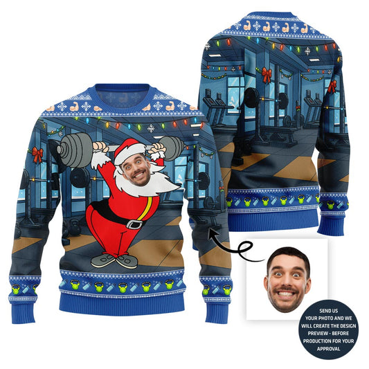 Hilarious Lifting Santa Ugly Sweater - Funny Ugly Christmas Sweater
