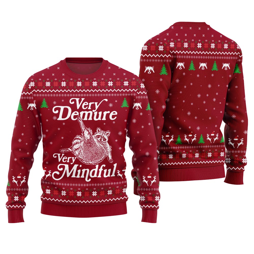Hilarious Racoon Demure Mindful Funny Sweater Red