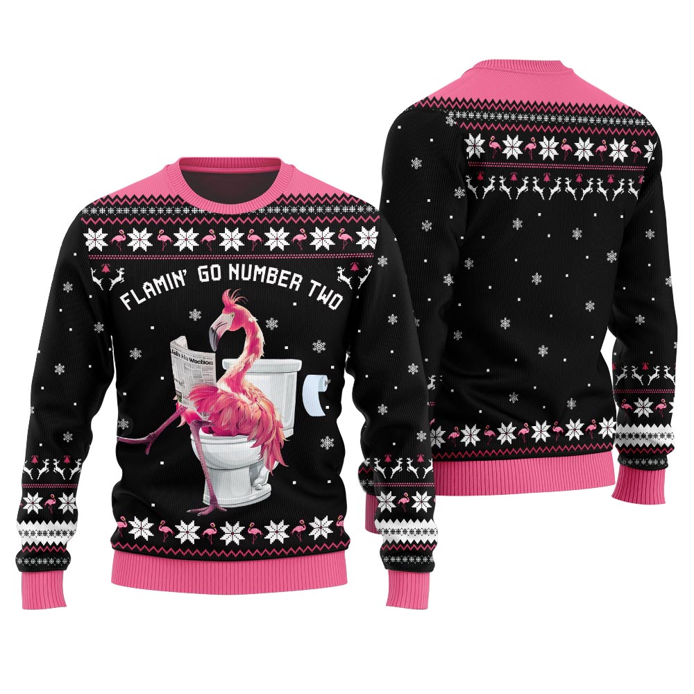 Hilarious Tacky Flamingo Go Number Two Ugly Christmas Sweater