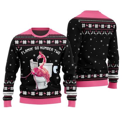 Hilarious Tacky Flamingo Go Number Two Ugly Christmas Sweater