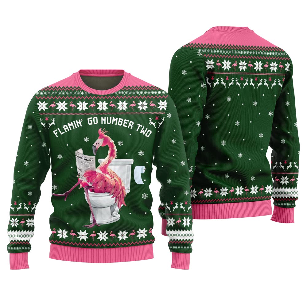 Hilarious Tacky Flamingo Go Number Two Ugly Christmas Sweater
