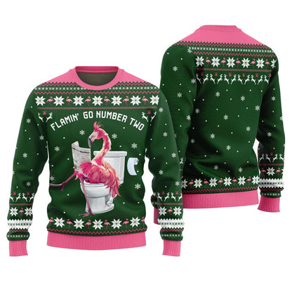 Hilarious Tacky Flamingo Go Number Two Ugly Christmas Sweater