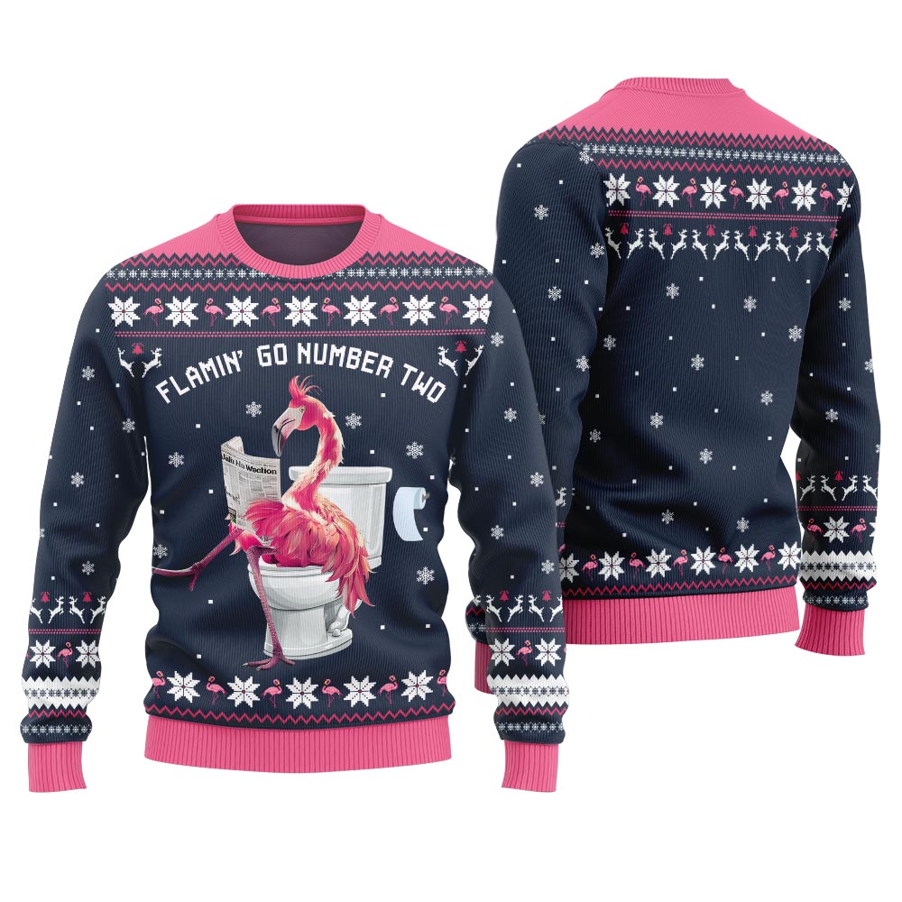 Hilarious Tacky Flamingo Go Number Two Ugly Christmas Sweater
