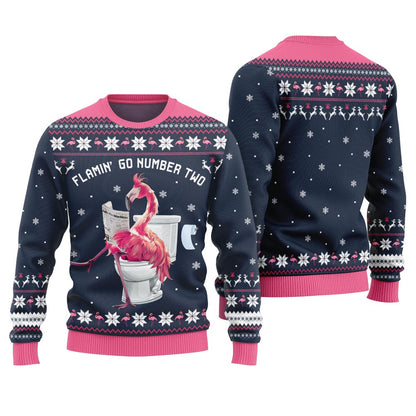 Hilarious Tacky Flamingo Go Number Two Ugly Christmas Sweater