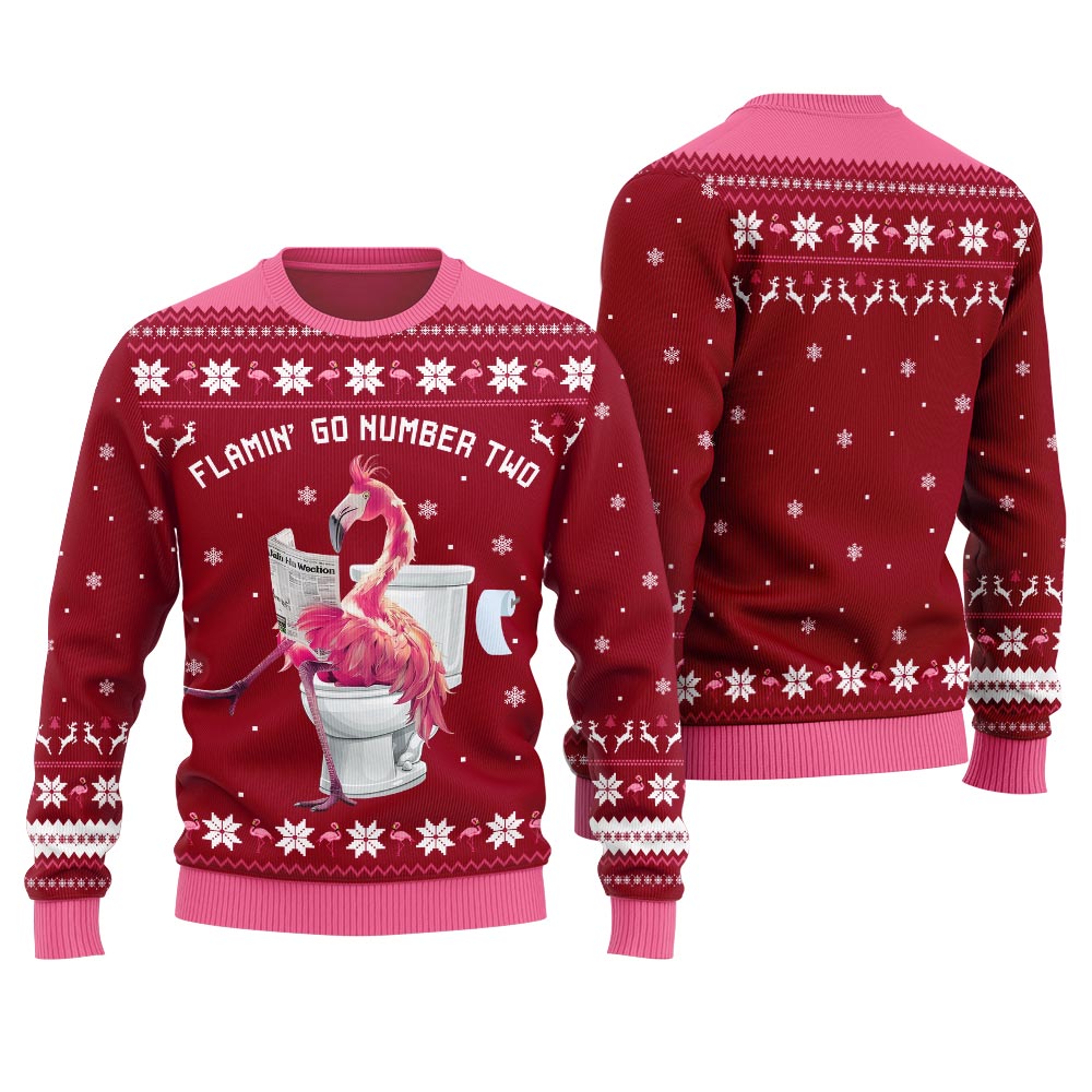 Hilarious Tacky Flamingo Go Number Two Ugly Christmas Sweater