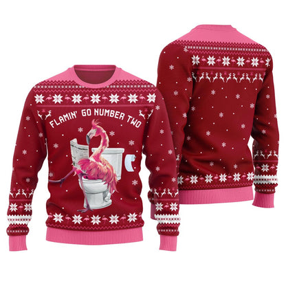 Hilarious Tacky Flamingo Go Number Two Ugly Christmas Sweater