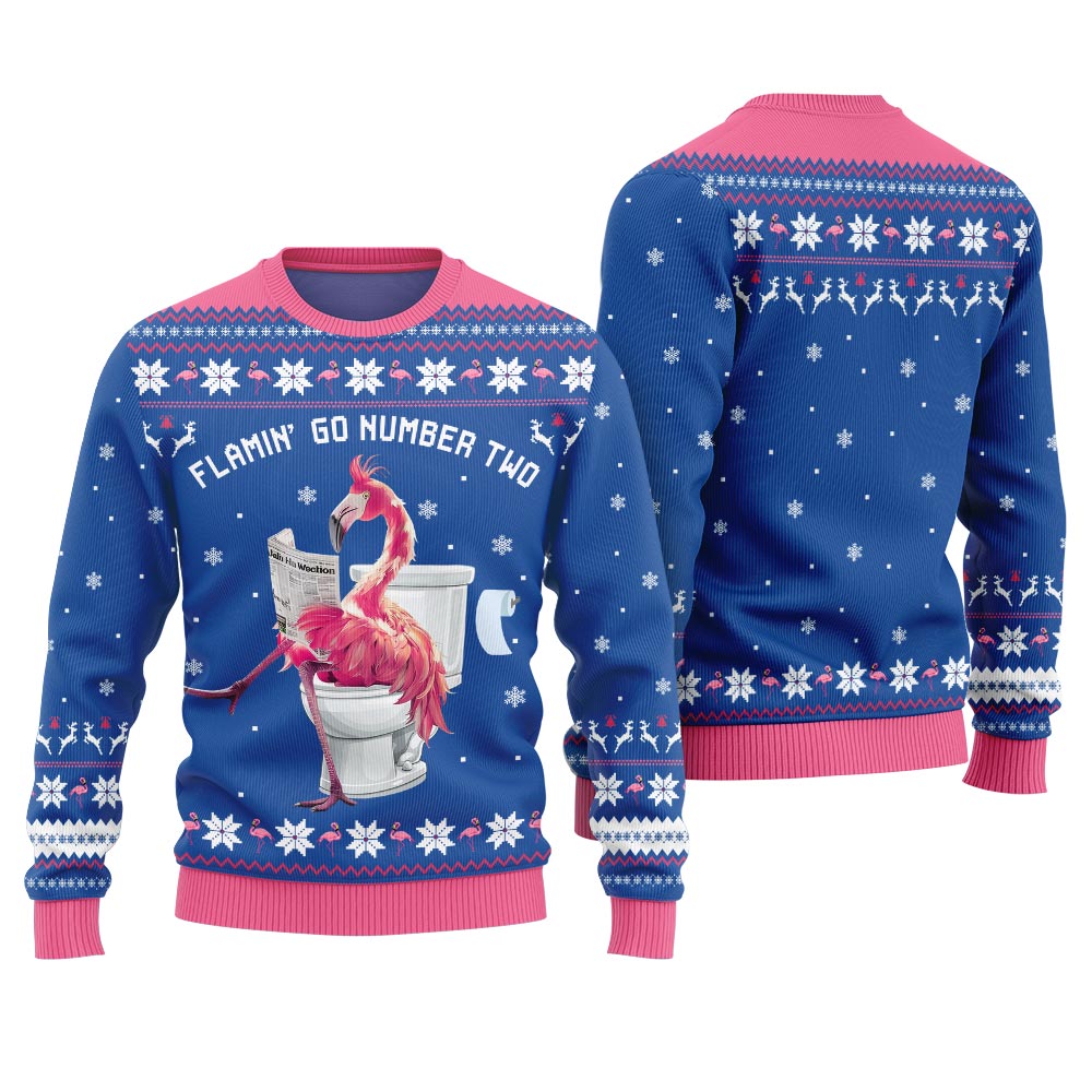 Hilarious Tacky Flamingo Go Number Two Ugly Christmas Sweater