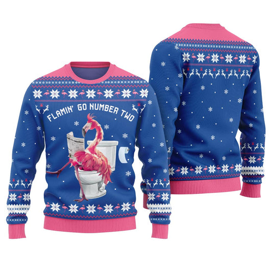Hilarious Tacky Flamingo Go Number Two Ugly Christmas Sweater