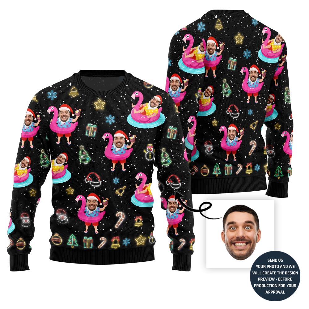 Hilarious Tropical Custom Face Santa On Vacation Ugly Christmas Sweater