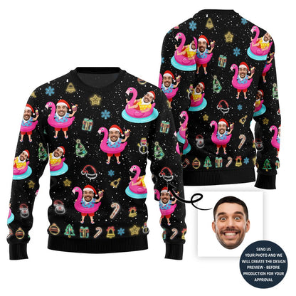Hilarious Tropical Custom Face Santa On Vacation Ugly Christmas Sweater