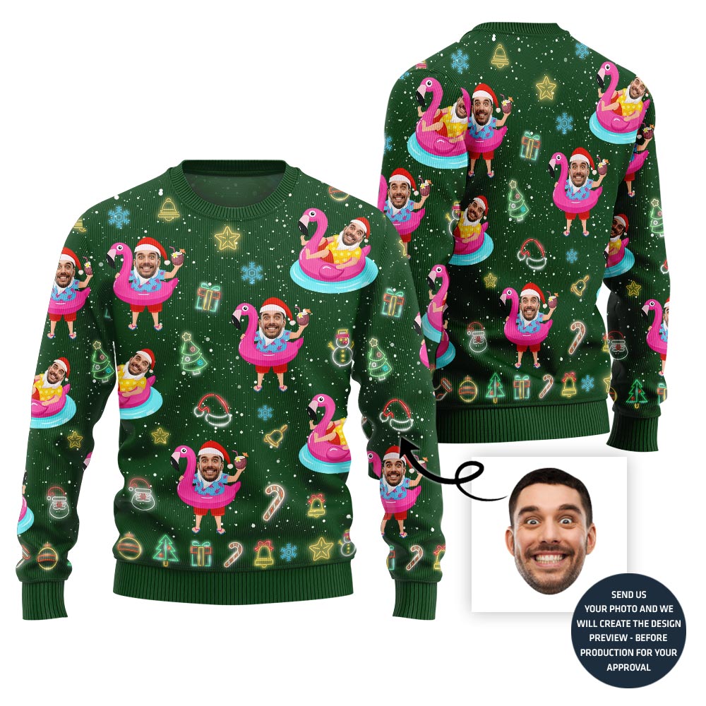 Hilarious Tropical Custom Face Santa On Vacation Ugly Christmas Sweater