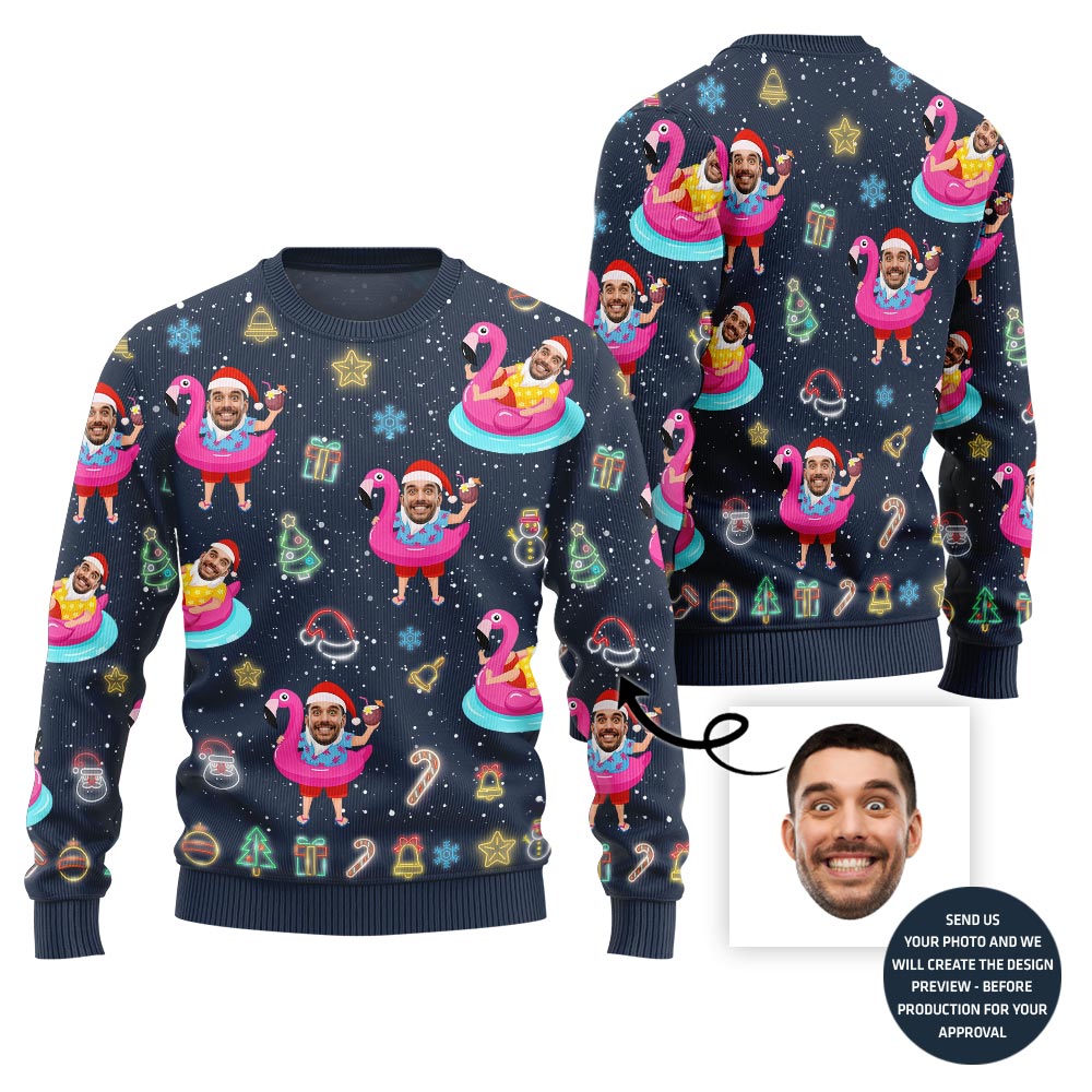 Hilarious Tropical Custom Face Santa On Vacation Ugly Christmas Sweater