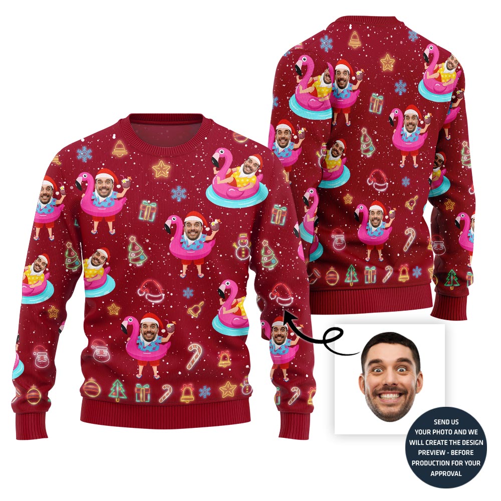 Hilarious Tropical Custom Face Santa On Vacation Ugly Christmas Sweater