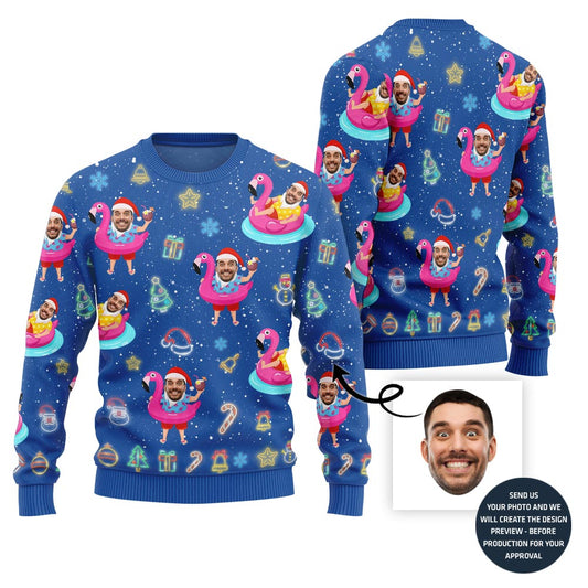 Hilarious Tropical Custom Face Santa On Vacation Ugly Christmas Sweater